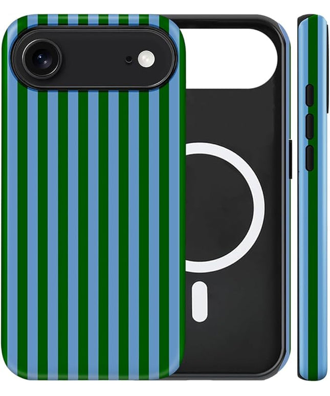Magnetic for iPhone 17 Air Case Cute Stripes Phone Case, Shockproof Slim TPU and Hard PC Protective Phone Cover Compatible with MagSafe Designed for Women Girls, Green and Blue