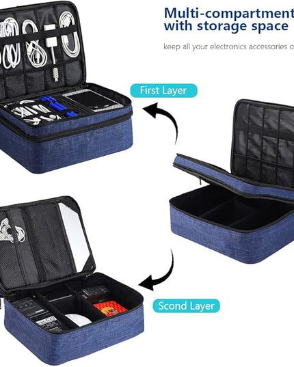 ORIENT FAMULAY Travel Electronics Organizer, Waterproof Cable Organizer Bag for Electronic Accessories Double Layer Large Shockproof Cable Storage Bag for Cord, Power Bank, Tablet(Up to iPad 11 inch) - Royal Blue