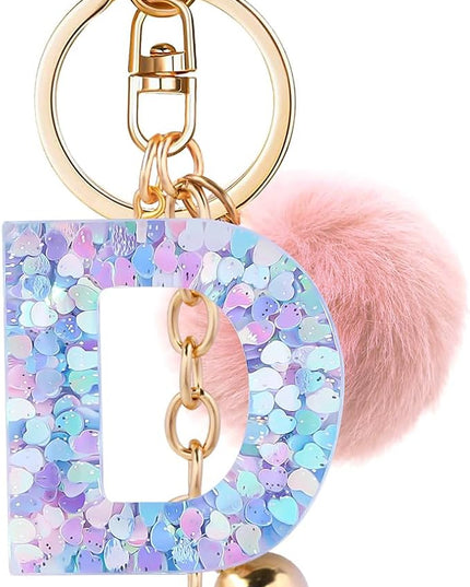 Resin Alphabet Initial Letter Keychain Keyring for Women Purse Handbags With Fur Ball Pom