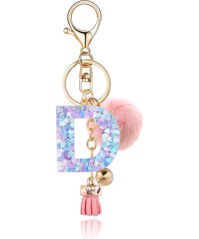 Resin Alphabet Initial Letter Keychain Keyring for Women Purse Handbags With Fur Ball Pom