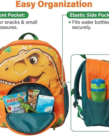 Kids Backpack for Boys and Girls, Kindergarten School Bag with Chest Strap (Orange T-Rex, 14 Inch)
