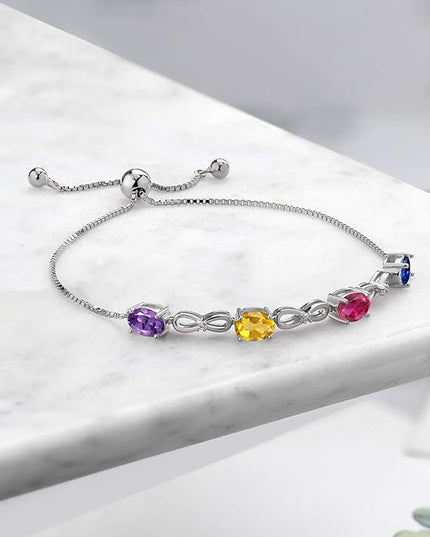 Gem Stone King 925 Sterling Silver Customized and Personalized 4 Gemstone Birthstone and White Lab Grown Diamond Infinity Tennis Bracelet For Women (3.02 Cttw, Fully Adjustable Up to 9 Inch)