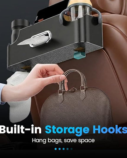 Back Seat Car Organizer, 4-in-1 Car Backseat Organizer with Cup Holder and Storage, Universal Leather Multifunctional Seat Back Storage with Tissue Box,Phone Holder, Trash Bin & Hooks (BROWN)