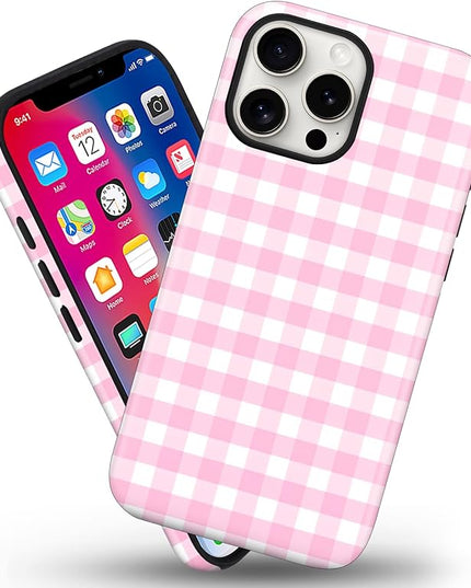 Magnetic for iPhone 14 Pro Case Cute Checkered Stripes Phone Case for Women Girls, Shockproof Slim TPU and Hard PC Protective Phone Cover Compatible with MagSafe Designed, Pink