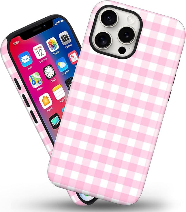 Magnetic for iPhone 13/14 Case Cute Checkered Stripes Phone Case for Women Girls, Shockproof Slim TPU and Hard PC Protective Phone Cover Compatible with MagSafe Designed, Pink