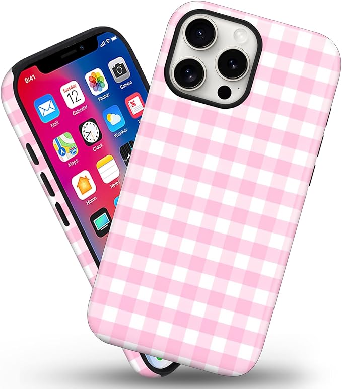 Magnetic for iPhone 13 Pro Max Case Cute Checkered Stripes Phone Case for Women Girls, Shockproof Slim TPU and Hard PC Protective Phone Cover Compatible with MagSafe Designed, Pink