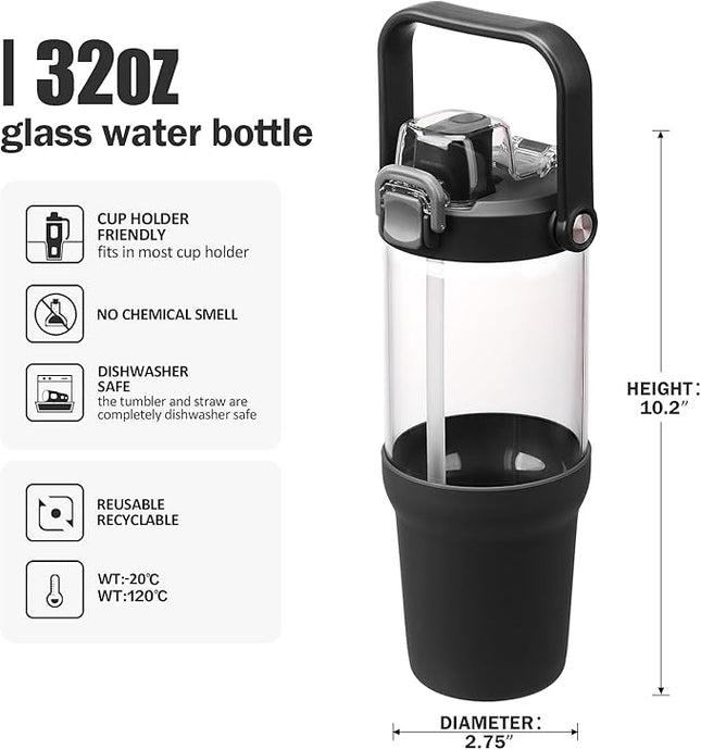 Glass Tumbler with Carry Handle, Clear Glass Water Bottle with Leakproof Lid, Spout Lid&Straw, BPA-Free, 32 oz, Black