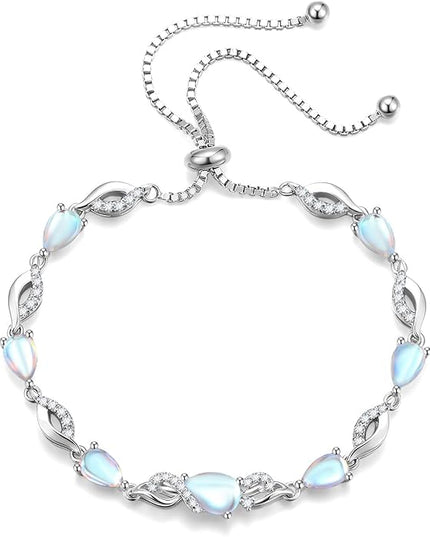 FANCIME Birthstone Teardrop Tennis Bracelet for Women, Sterling Silver 9x7mm main Gemstone Bolo Adjustable Chain Bracelet Fine Jewelry Birthday Gifts for Women Mom Wife Her