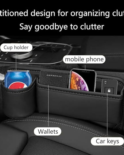 Car Seat Gap Filler Organizer with Cup Holders, Seat Gap Storage Box for Drinks, Phones, Keys, Sunglasses, Cards, and Small Essentials (Black, Driver's Seat)