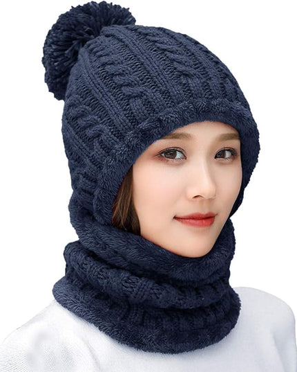HUAMULAN Women Winter Beanie Hats One Piece Fleece Lined Knit Balaclavas Mask Set Skull Neck Circle Scarf Ski Snow Hat Pompom