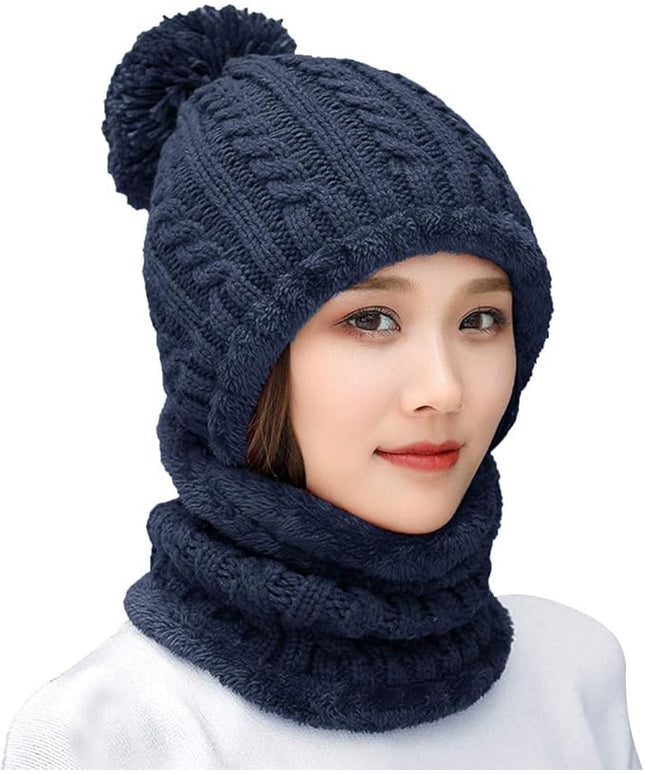 HUAMULAN Women Winter Beanie Hats One Piece Fleece Lined Knit Balaclavas Mask Set Skull Neck Circle Scarf Ski Snow Hat Pompom
