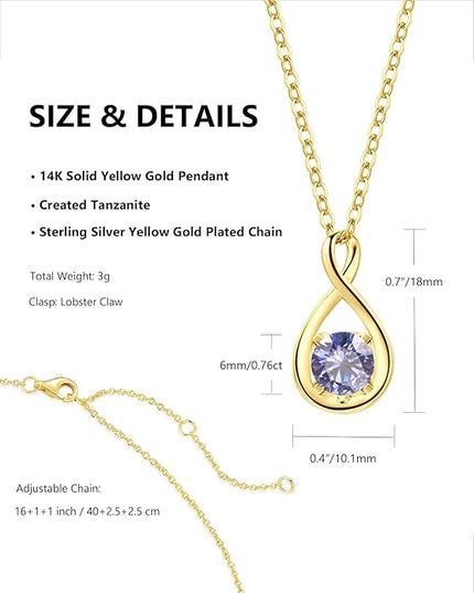 FANCIME 14K Solid Gold Birthstone Pendant with Sterling Silver Chain Infinity Gemstone Necklace Fine Jewelry Anniversary Birthday Christmas Gifts for Women Wife Her