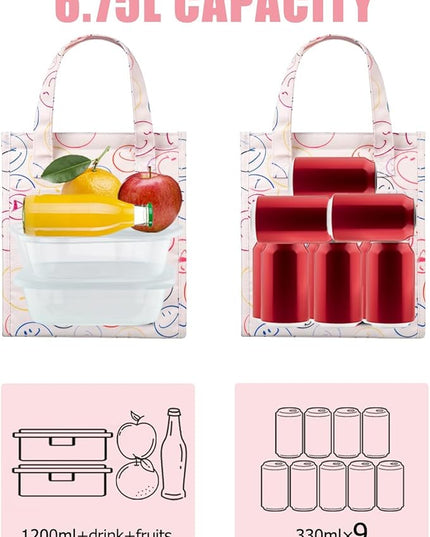Fmeida Insulated Lunch Bag Women, 6.75L Small Lunch Bags with Multiple Pockets, Reusable Thermal Cooler Tote for Work, Office, Picnic, Travel | Hook and Loop Closure, Smile Face