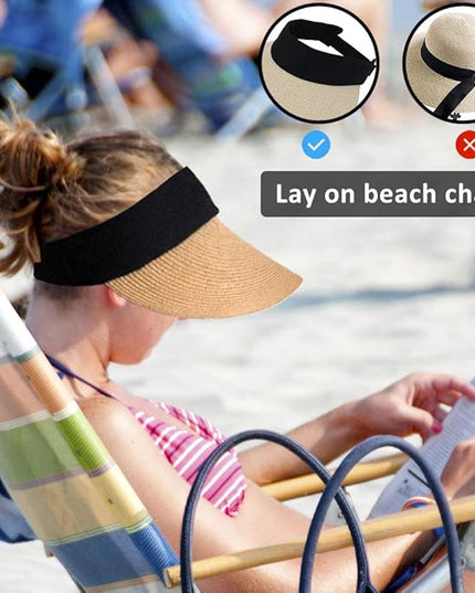 Women Straw Sun Visor Hat Wide Brim Summer UV Protection Beach Cap Foldable Packale Korean Style