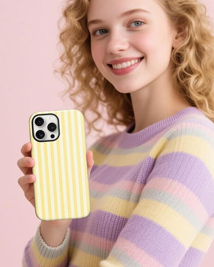 Magnetic for iPhone 15 Pro Case Cute Stripes Phone Case, Shockproof Slim TPU and Hard PC Protective Phone Cover Compatible with MagSafe Designed for Women Girls, Yellow