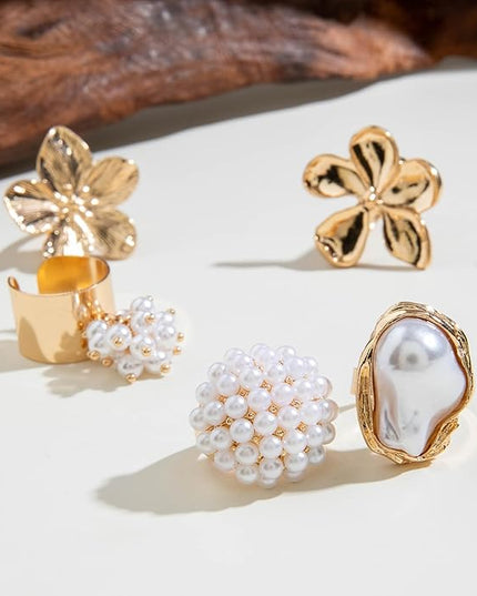 Chunky Gold Rings for Women Non Tarnish Statement Flower Ring Baroque Pearl Stackable Rings Set 6Pcs Chunky Jewelry