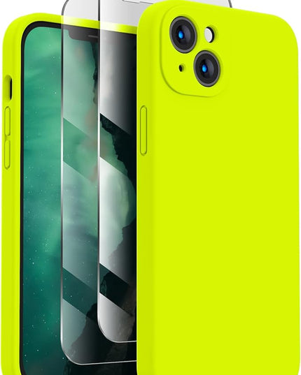 FireNova Designed for iPhone 13 Case, Silicone Upgraded [Camera Protection] Phone Case with [2 Screen Protectors], Soft Anti-Scratch Microfiber Lining Inside, 6.1 inch, Fluorescent Green