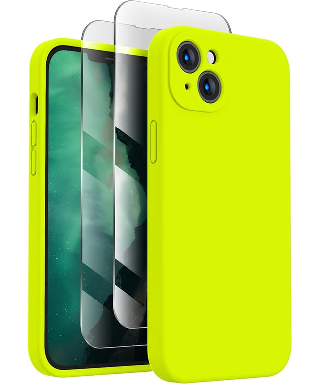 FireNova Designed for iPhone 13 Case, Silicone Upgraded [Camera Protection] Phone Case with [2 Screen Protectors], Soft Anti-Scratch Microfiber Lining Inside, 6.1 inch, Fluorescent Green