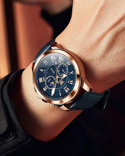 OLEVS Men's Watches Leather Strap Analog Quartz Watch, Fashion Big Dial Date Waterproof Watch, Dress Luxury Luminous Men Watches