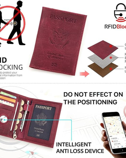CONTACTS Full Grain Leather Passport Holder RFID Blocking Travel Passport Wallet Compatible Airtag Passport Cover Case with 4 Cards Slots, Coin Pocket (Badge, Wine Red)