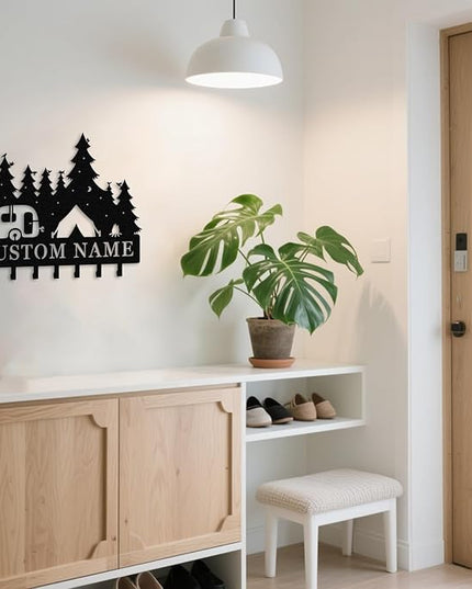 Nygu6Bja Personalised Metal Key Rack Hooks,Camp Theme Key Holder with Name,Custom Key Holder for Wall,Home Sweet Home Decor,Housewarming Gift Camp 2