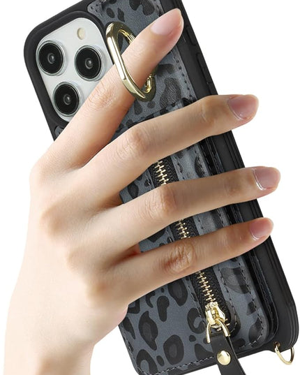 for iPhone 15 Pro Max Wallet Case with Card Holder, for iPhone 15 Pro Max Case Wallet with Strap Credit Card Slot, Crossbody Bag with Zipper Case for iPhone15 Pro Max - Black Leopard