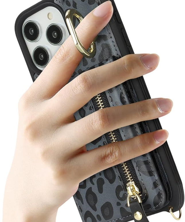 for iPhone 15 Pro Max Wallet Case with Card Holder, for iPhone 15 Pro Max Case Wallet with Strap Credit Card Slot, Crossbody Bag with Zipper Case for iPhone15 Pro Max - Black Leopard