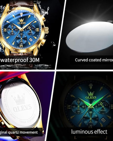 OLEVS Men's Watches Leather Strap Analog Quartz Watch, Fashion Big Dial Date Waterproof Watch, Dress Luxury Luminous Men Watches