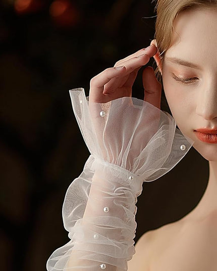 Women's Long Bridal Wedding Tulle Glove Mesh Fingerless Gloves Pearl 1920 Opera Tea Party Sheer Gloves