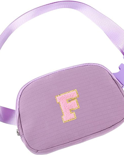Glratn Initial Letter Patch Belt Bag Fanny Pack Crossbody Bag for Girls, Birthday Gifts for 4 5 6 7 8 9 10 11 12 13 Year Old Girls,Easter Purse Gifts for Teens Kids (Purple-F)