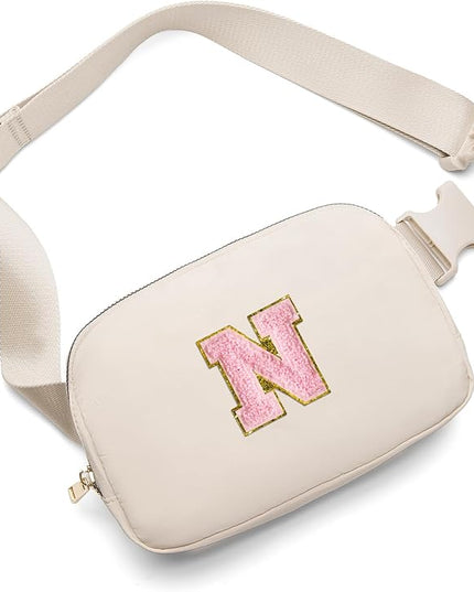 Gitus Belt Bag Fanny Pack Crossbody Bags with Initial Letter Patch Cute Stuff Birthday Gifts for Teenager Girls Trendy Preppy Stuff for Teen Girls(Beige-N)