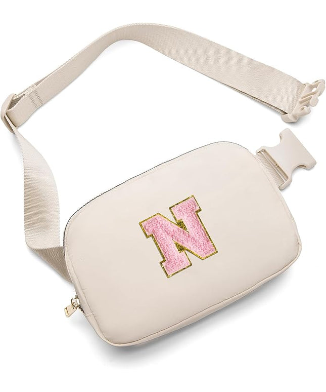 Gitus Belt Bag Fanny Pack Crossbody Bags with Initial Letter Patch Cute Stuff Birthday Gifts for Teenager Girls Trendy Preppy Stuff for Teen Girls(Beige-N)