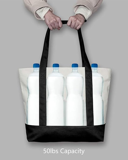 TOPDesign 1 | 3 | 6 | 30 Pack Canvas Tote Bag with an External Pocket, Reusable Grocery Shopping Bag, Top Zipper Closure, Daily Essentials (Black/Natural Pack of 1)