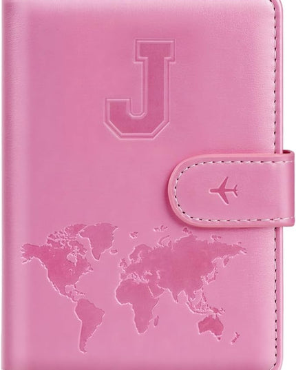 Passport Holder Cover Initail Letter A-Z Travel Wallet Embossed Design RFID Blocking Card Holder Personalized Gift Passport Cover Wallet, Passport Book Holders for Women and Girls, Pink-J