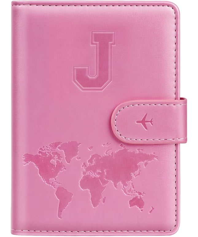 Passport Holder Cover Initail Letter A-Z Travel Wallet Embossed Design RFID Blocking Card Holder Personalized Gift Passport Cover Wallet, Passport Book Holders for Women and Girls, Pink-J