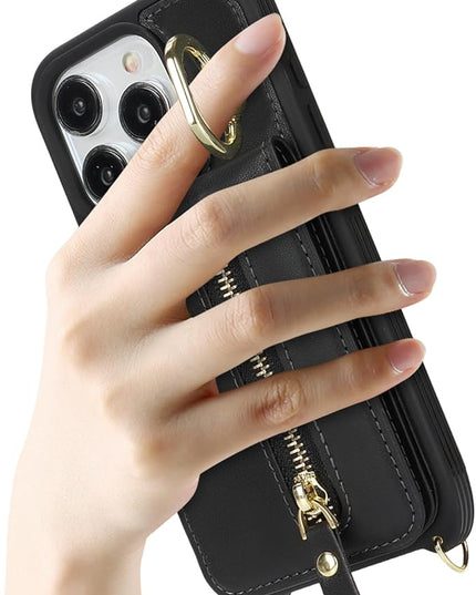for iPhone 15 Pro Wallet Case with Card Holder, for iPhone 15 Pro Case Wallet with Strap Credit Card Slot, Crossbody Bag with Zipper Case for iPhone15 Pro - Black