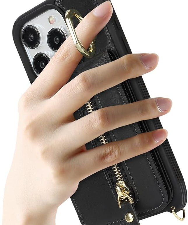 for iPhone 15 Pro Wallet Case with Card Holder, for iPhone 15 Pro Case Wallet with Strap Credit Card Slot, Crossbody Bag with Zipper Case for iPhone15 Pro - Black