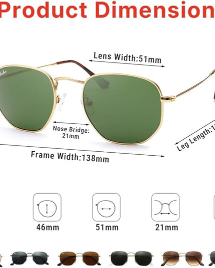 Pro Acme Small Square Sunglasses for Women Men 100% Real Glass Lens Hexagonal Frame