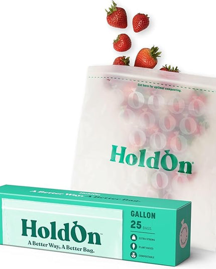 HoldOn Zipseal Gallon Bags - Compostable, PFOA-Free, BPA-Free, Food-Safe Zip Seal Food Storage Bags/Freezer-Safe Gallon Bags With Secure Seal for Home & Travel (25 bags total)