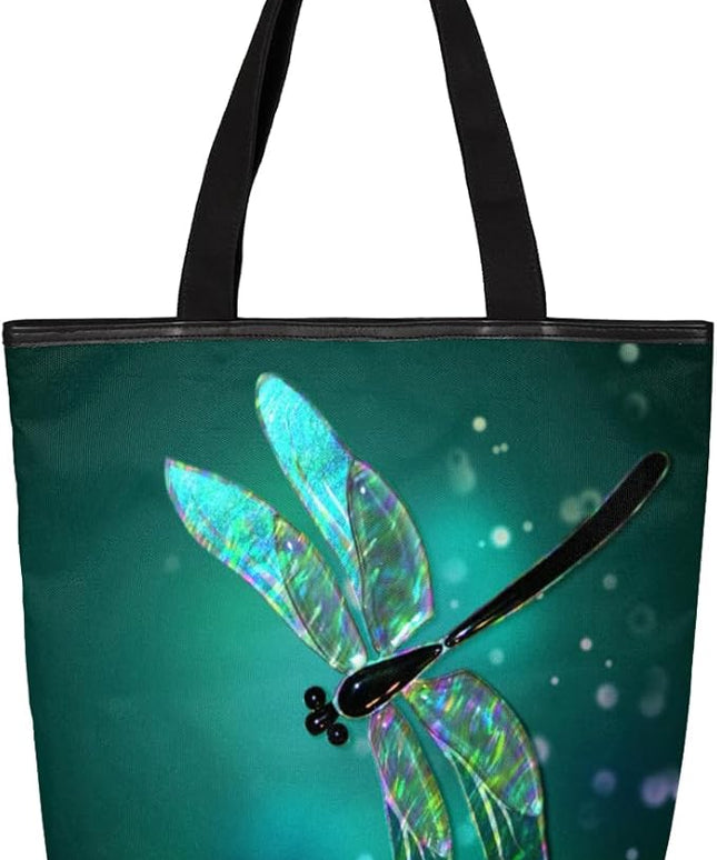 Dragonfly Cute Canvas Tote Bags, Eco Friendly Reusable Grocery Shopping Bags for Beach, Books, Women & Girls With Zipper Inner Pocket