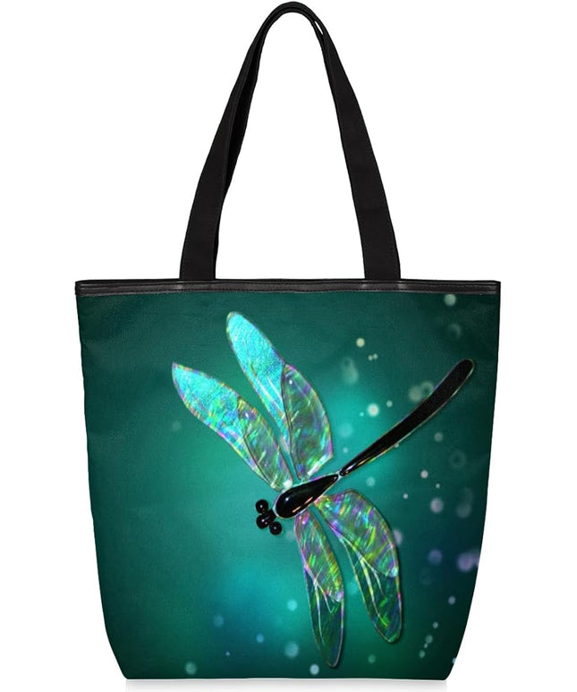 Dragonfly Cute Canvas Tote Bags, Eco Friendly Reusable Grocery Shopping Bags for Beach, Books, Women & Girls With Zipper Inner Pocket