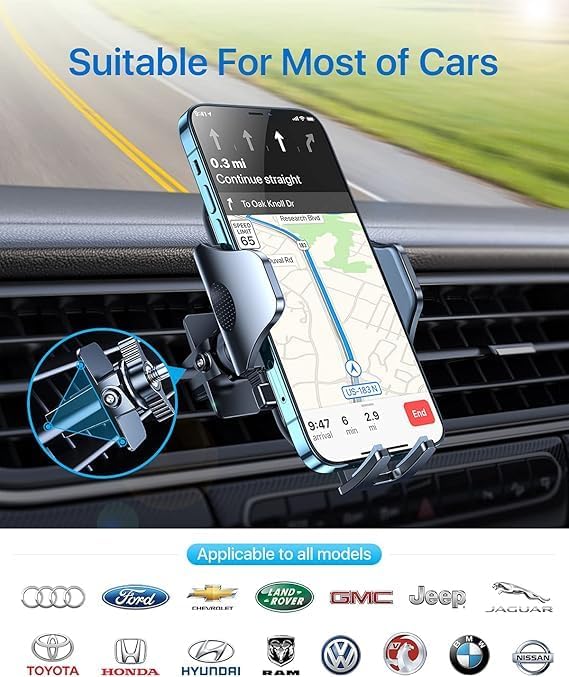 andobil 2026 Upgraded Car Phone Holder Mount for Vent, Military Sturdy Metal Clip Air Vent Phone Holder for Your Car Easy Used Cell Phone Car Mount for iPhone 16 15 14 13 12 Pro Max Samsung Grey