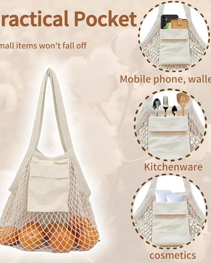 Extra Long Handle Farmers Market Bag with Utility Pocket, Cotton Mesh Tote, Reusable Mesh Produce Bags, Machine Washable for Produce and Grocery Hauls(4 Pcs)