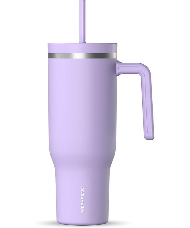 Hydrapeak Voyager 40 Oz Stainless Steel Tumbler with Handle, Insulated Water Bottle With Straw & Lid, Cupholder Friendly Reusable Travel Mug (Lavender)
