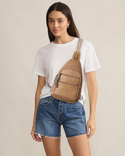 Sling Bag for Women Cross Body Purse Fanny Pack Sling Backpack Vegan Leather Shoulder Crossbody Bag Travel Tan