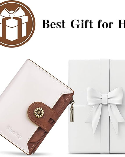 Blucoay Wallet Women,RFID Blocking Leather Womens Wallet Bifold Compact Card Holder Small Wallet for Women with Removable ID Window(Whitebrown)