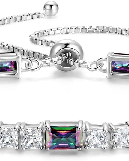 FANCIME Birthstone Bracelet for Women, Sterling Silver 4x6mm Gemstone Tennis Bracelet Bolo Adjustable Chain Fine Jewelry Birthday Gifts for Women Mom Wife Her