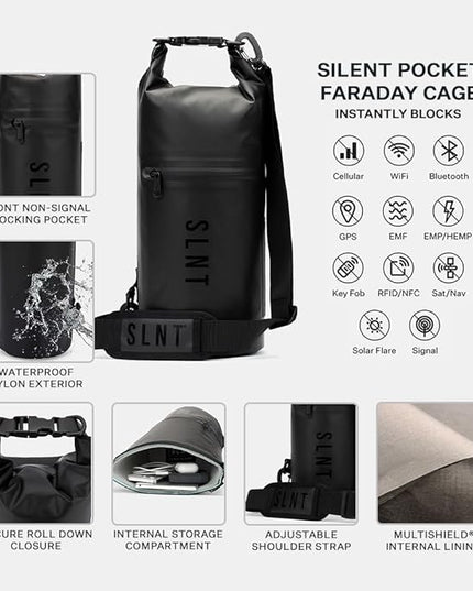 SLNT Waterproof Faraday Dry Bag - 420D Waterproof Nylon Signal Blocking Backpack - Protects Electronics from Water, Spying, Hacking - Blocks RFID, WiFi, Bluetooth, NFC, Cellular, GPS, EMF (10 Liter)