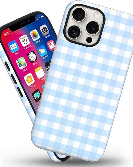 Magnetic for iPhone 16 Pro Case Cute Checkered Stripes Phone Case for Women Girls, Shockproof Slim TPU and Hard PC Protective Phone Cover Compatible with MagSafe Designed, Blue