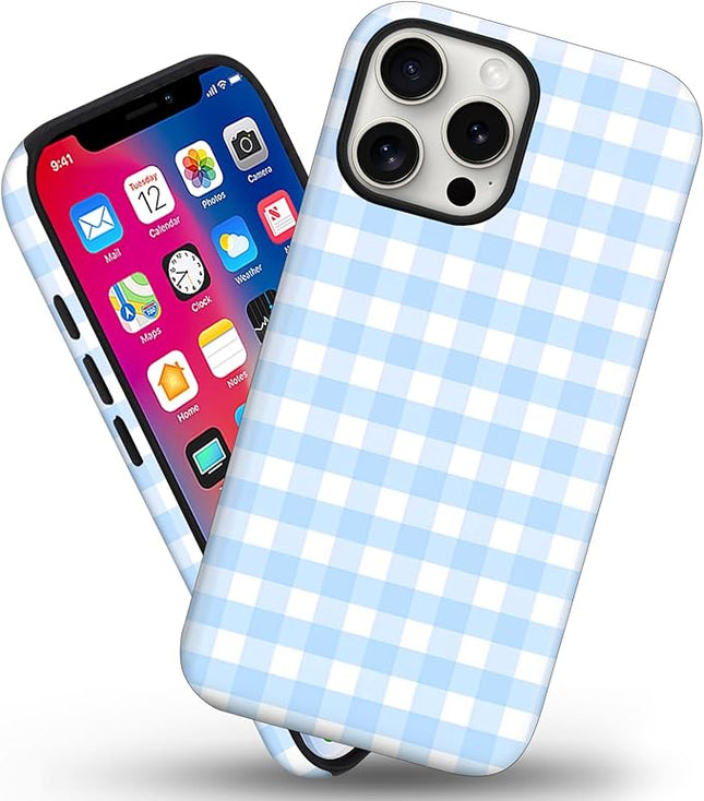 Magnetic for iPhone 13/14 Case Cute Checkered Stripes Phone Case for Women Girls, Shockproof Slim TPU and Hard PC Protective Phone Cover Compatible with MagSafe Designed, Blue